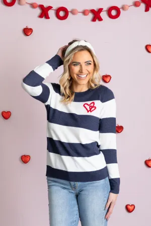 Heart Embroidered Bold Stripe Sweater