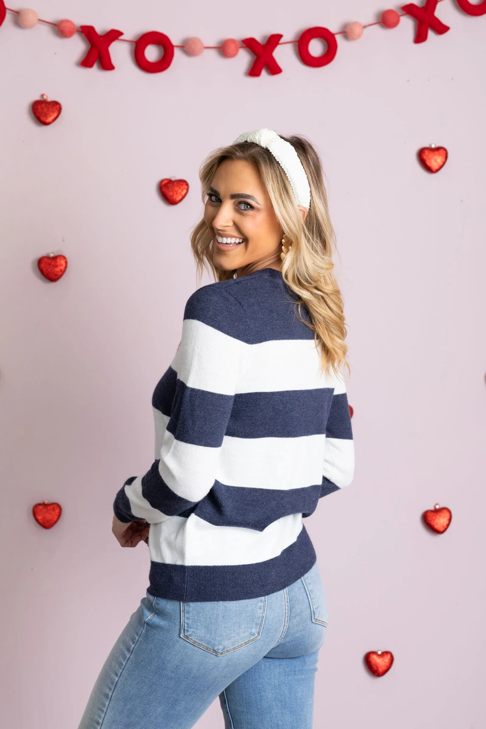 Heart Embroidered Bold Stripe Sweater
