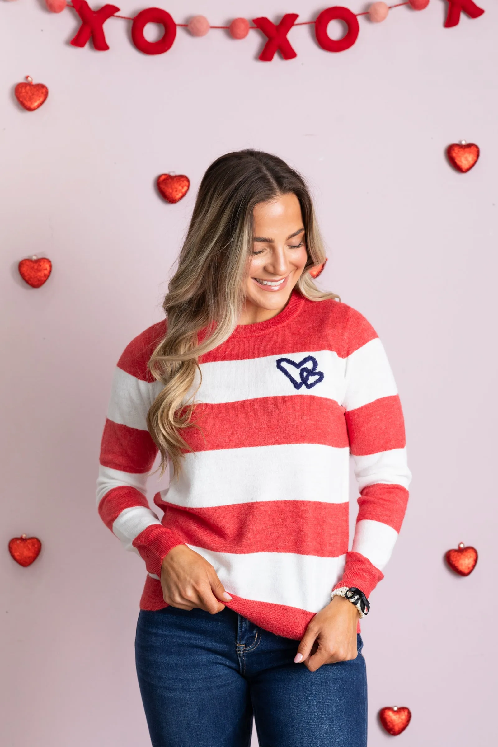Heart Embroidered Bold Stripe Sweater
