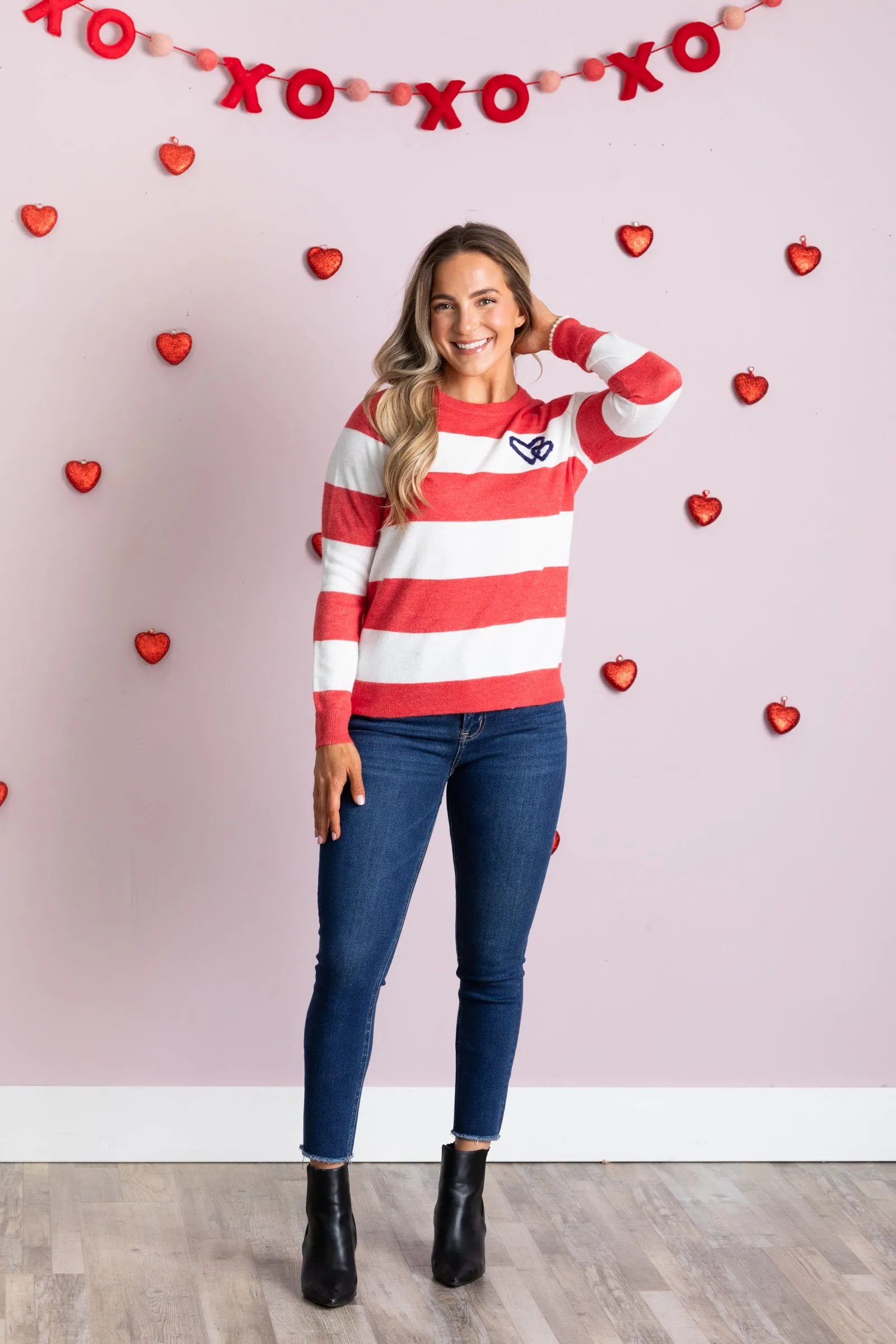 Heart Embroidered Bold Stripe Sweater