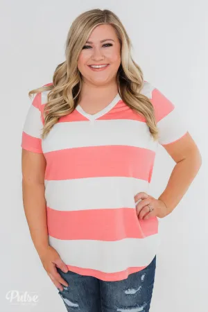 Hello to You Wide Stripe V-Neck Top- Coral