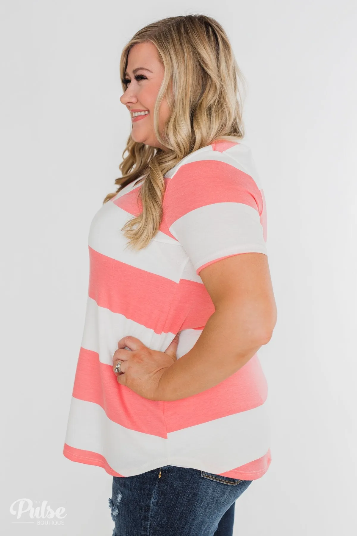 Hello to You Wide Stripe V-Neck Top- Coral