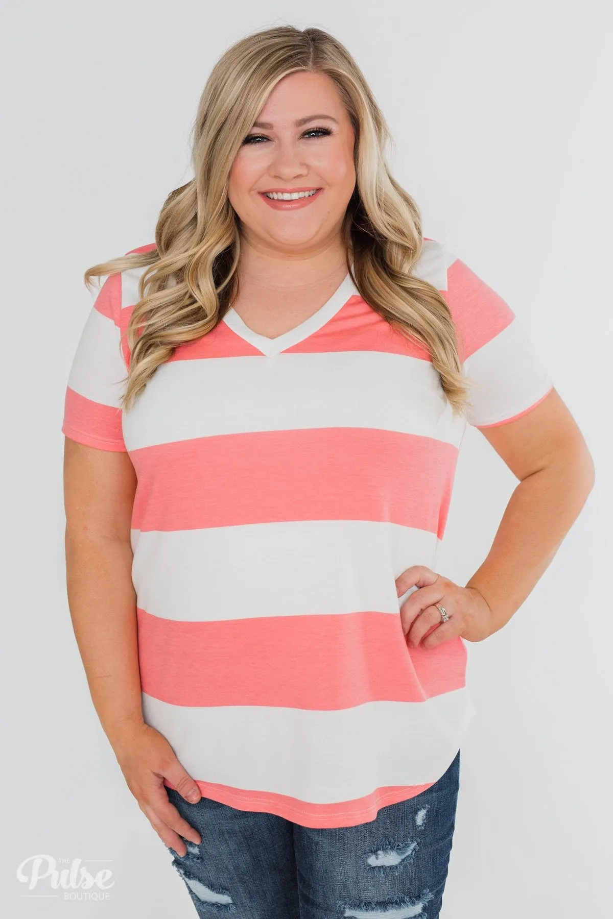 Hello to You Wide Stripe V-Neck Top- Coral
