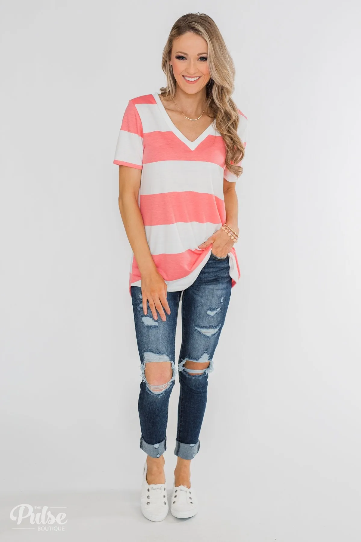 Hello to You Wide Stripe V-Neck Top- Coral