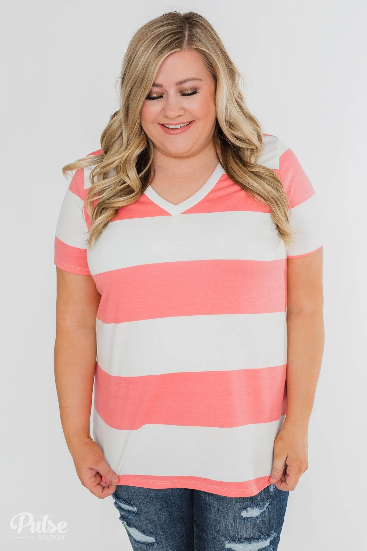 Hello to You Wide Stripe V-Neck Top- Coral