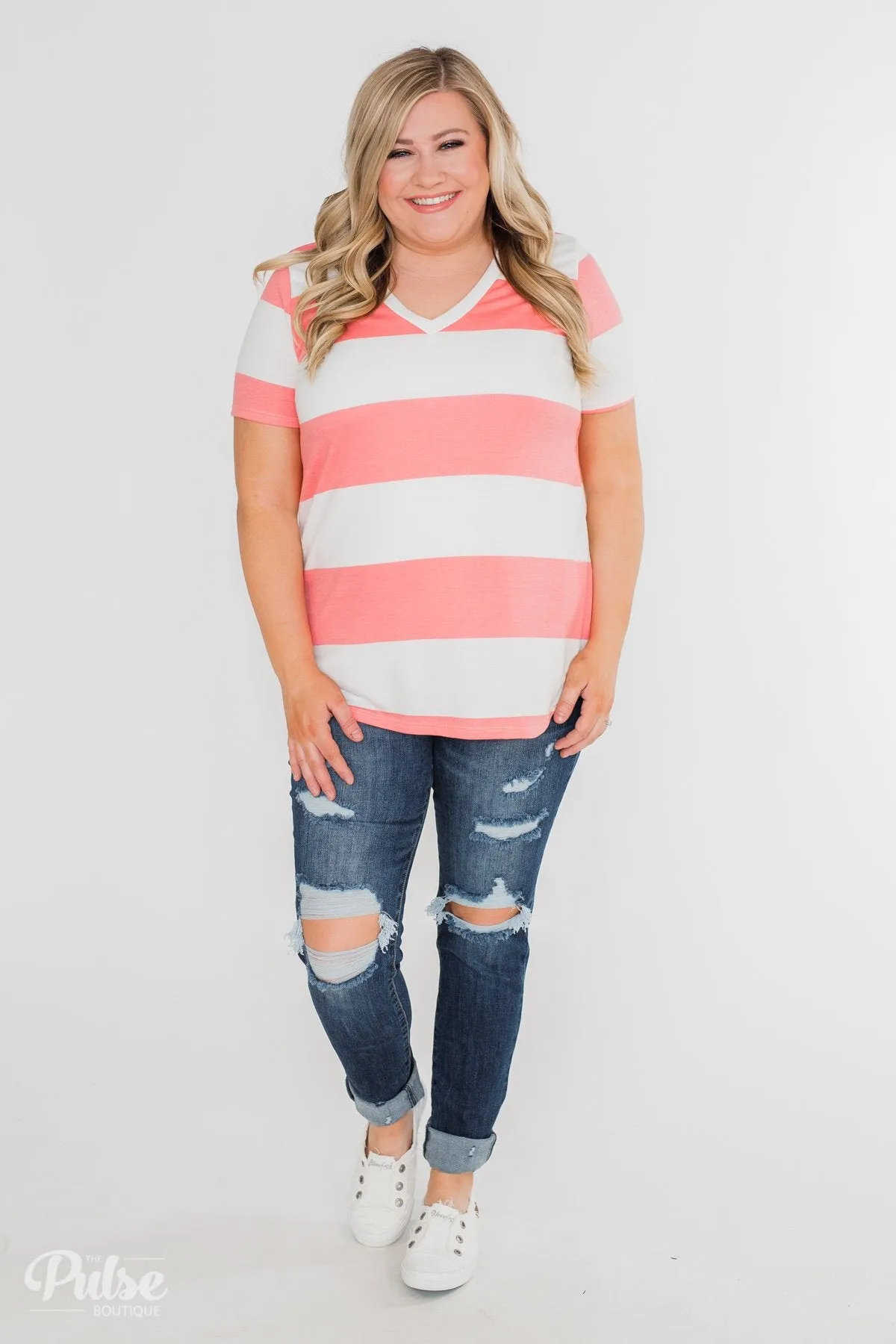 Hello to You Wide Stripe V-Neck Top- Coral