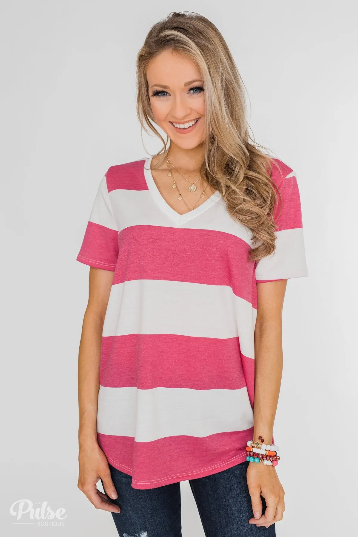 Hello to You Wide Stripe V-Neck Top- Fuchsia