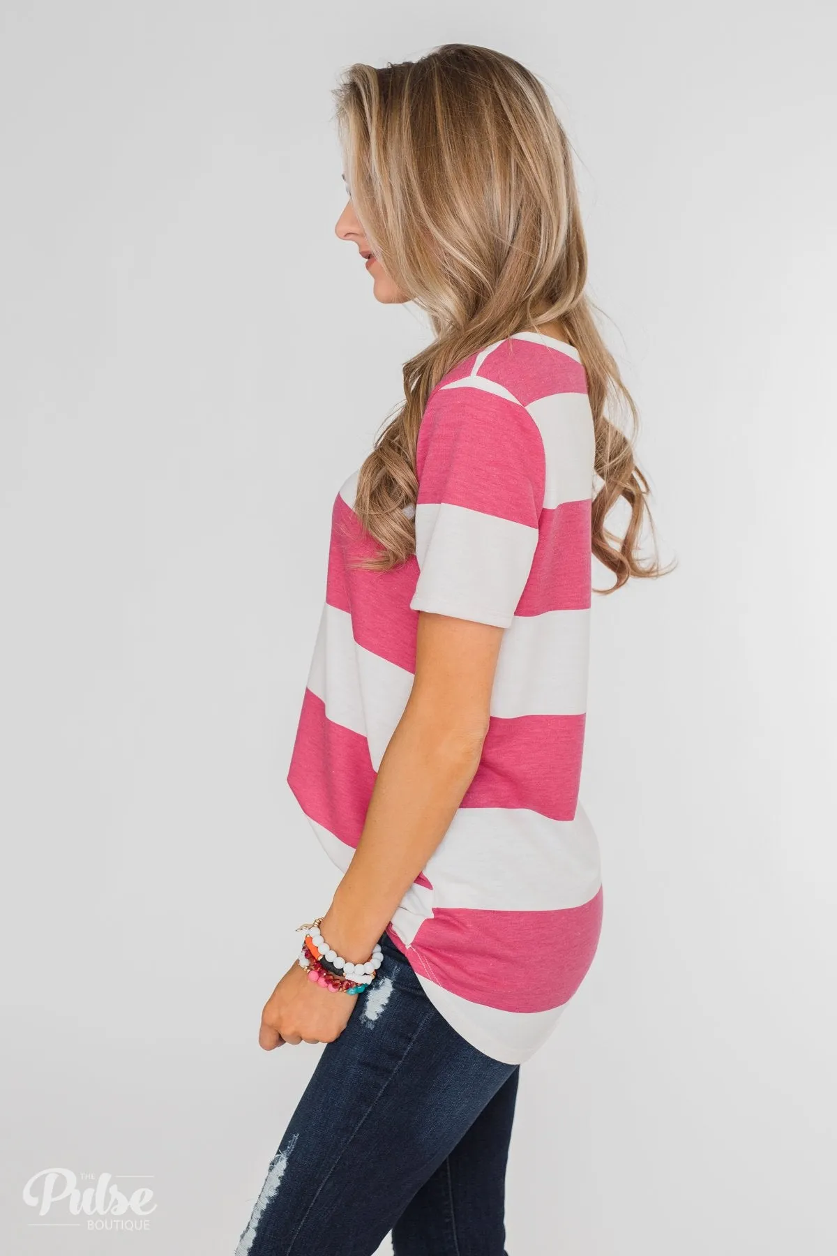 Hello to You Wide Stripe V-Neck Top- Fuchsia