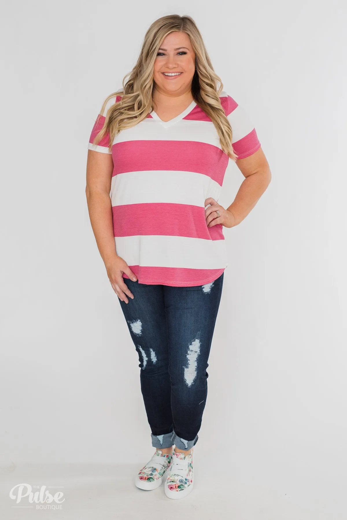 Hello to You Wide Stripe V-Neck Top- Fuchsia