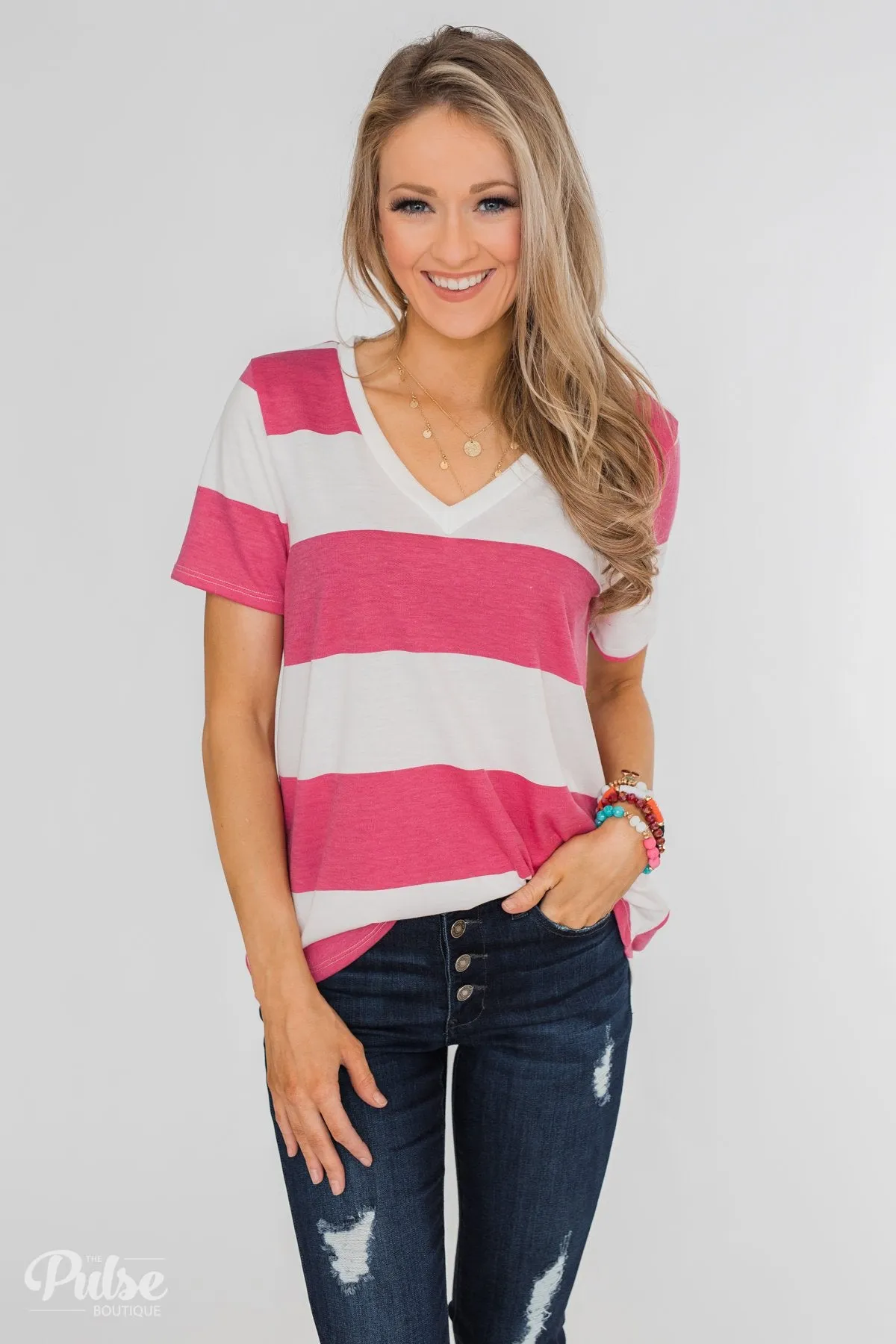 Hello to You Wide Stripe V-Neck Top- Fuchsia