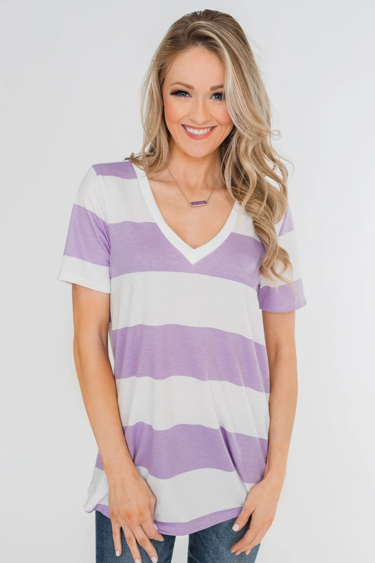 Hello to You Wide Stripe V-Neck Top- Lavender