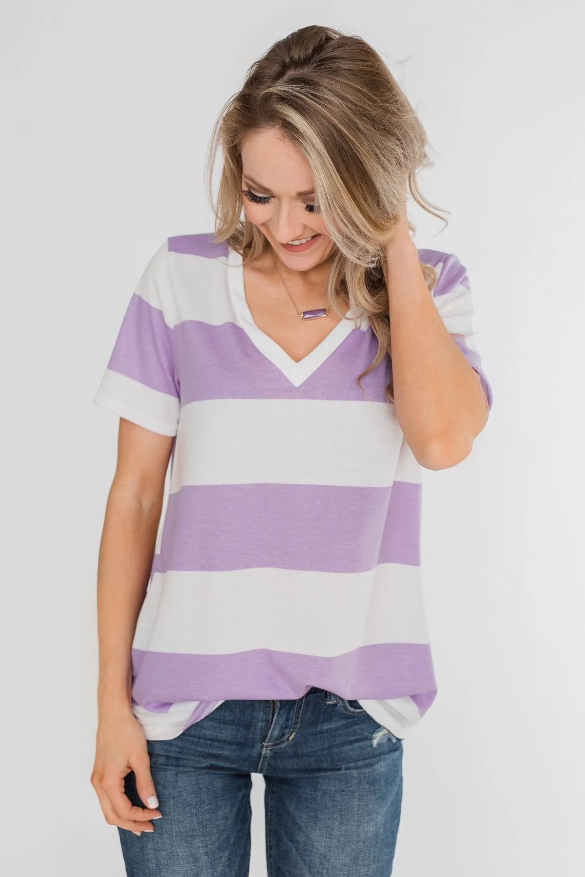 Hello to You Wide Stripe V-Neck Top- Lavender