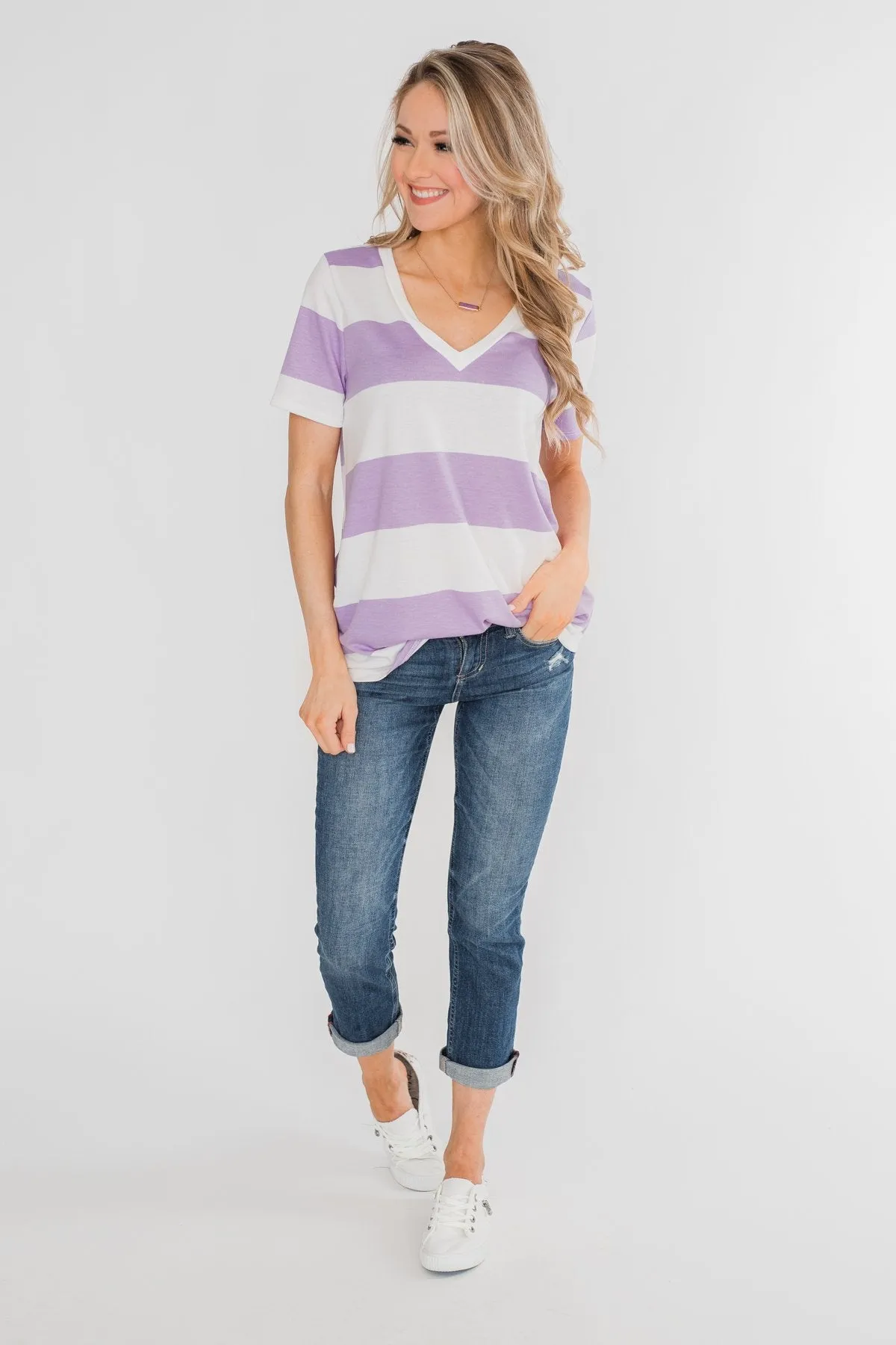 Hello to You Wide Stripe V-Neck Top- Lavender