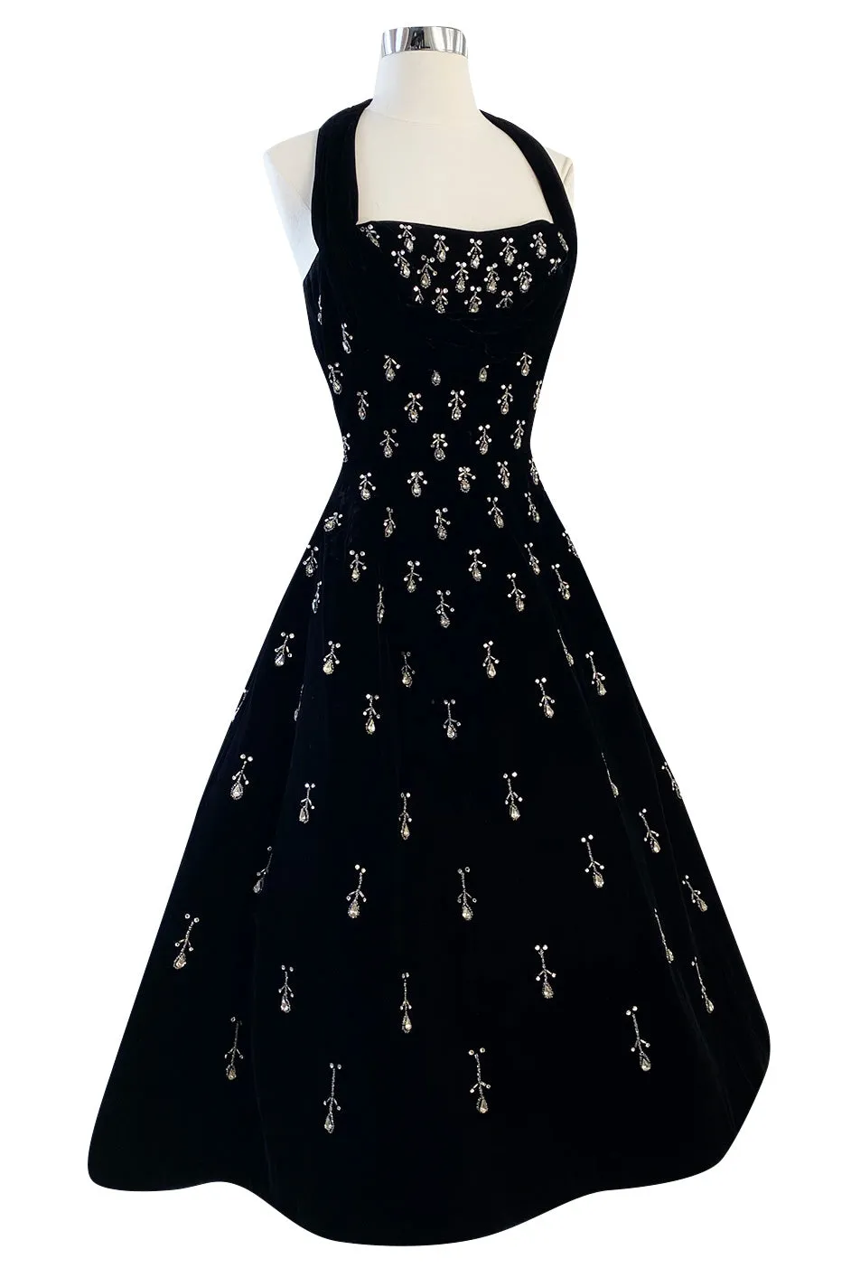 Incredible 1950s Ceil Chapman Jewelled Rhinestone Tear Drop Black Velvet Shelf Bust Dress
