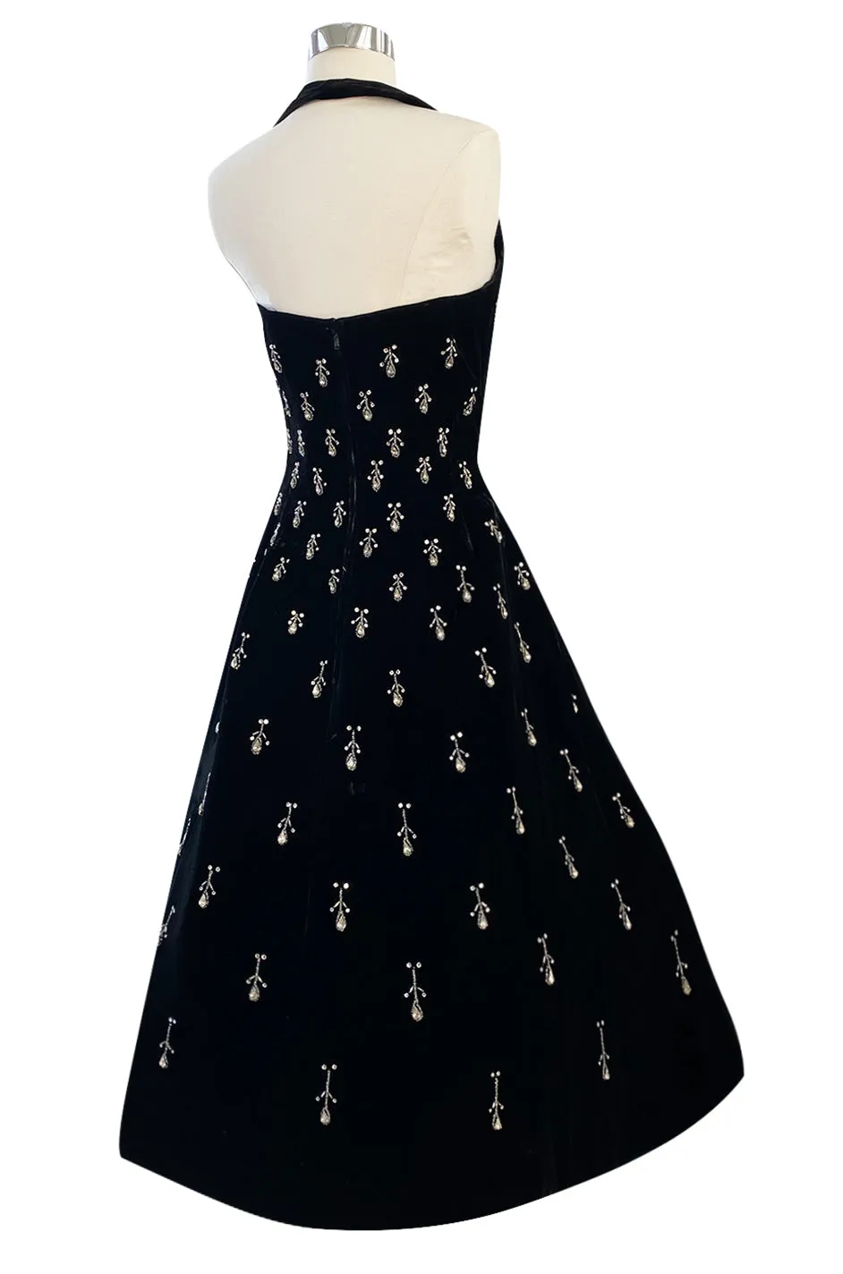 Incredible 1950s Ceil Chapman Jewelled Rhinestone Tear Drop Black Velvet Shelf Bust Dress