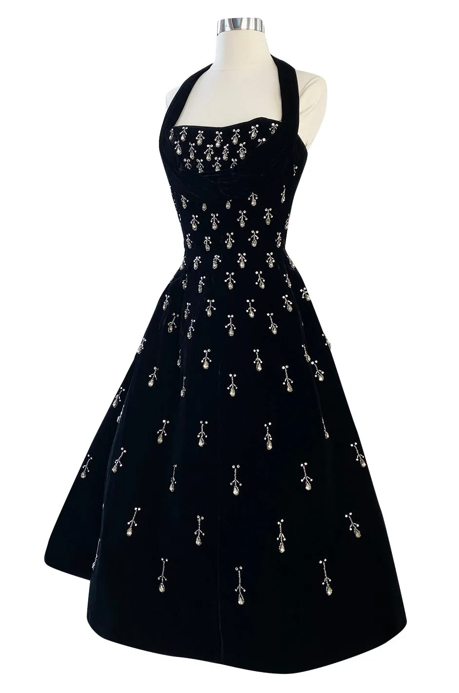 Incredible 1950s Ceil Chapman Jewelled Rhinestone Tear Drop Black Velvet Shelf Bust Dress