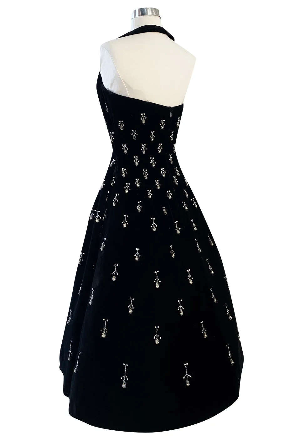 Incredible 1950s Ceil Chapman Jewelled Rhinestone Tear Drop Black Velvet Shelf Bust Dress