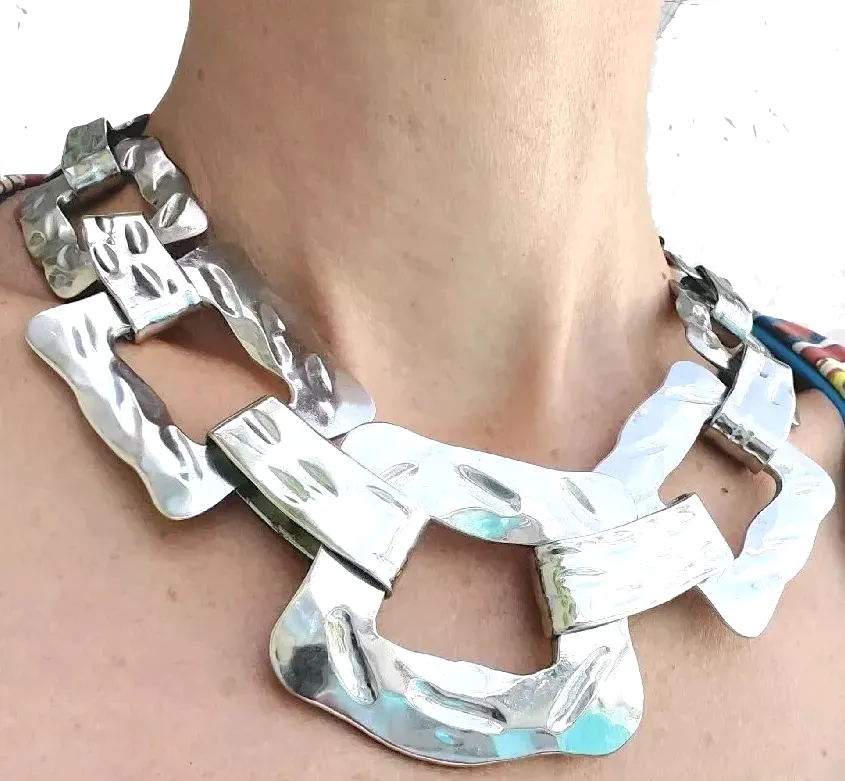 Italian Designer Luisa Conti Signed Vintage Statement Runway Silverplate Big Link Choker
