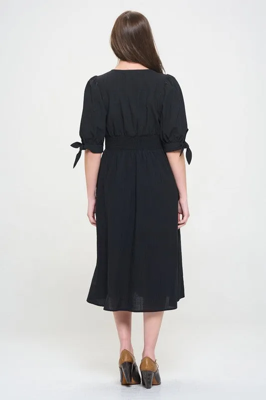 Jade By Jane PLUS 3/4 PUFF SLV TEXTURED BUTTON DOWN MIDI DRESS