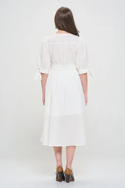 Jade By Jane PLUS 3/4 PUFF SLV TEXTURED BUTTON DOWN MIDI DRESS