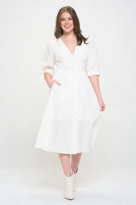 Jade By Jane PLUS 3/4 PUFF SLV TEXTURED BUTTON DOWN MIDI DRESS