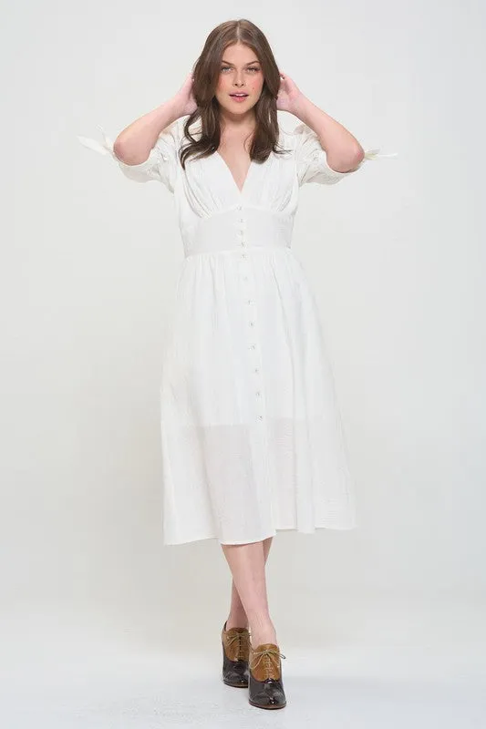 Jade By Jane PLUS 3/4 PUFF SLV TEXTURED BUTTON DOWN MIDI DRESS