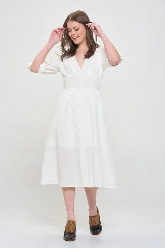 Jade By Jane PLUS 3/4 PUFF SLV TEXTURED BUTTON DOWN MIDI DRESS