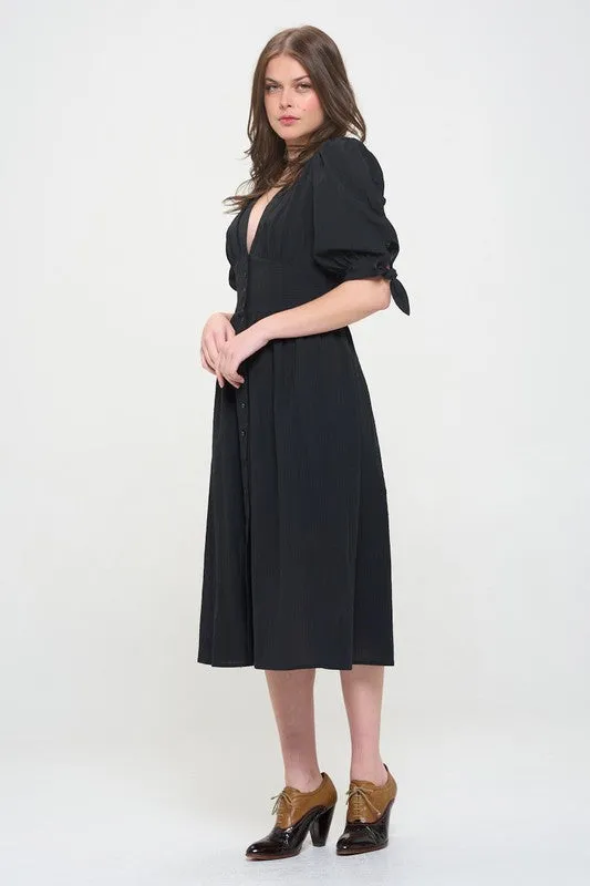 Jade By Jane PLUS 3/4 PUFF SLV TEXTURED BUTTON DOWN MIDI DRESS