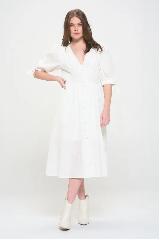 Jade By Jane PLUS 3/4 PUFF SLV TEXTURED BUTTON DOWN MIDI DRESS