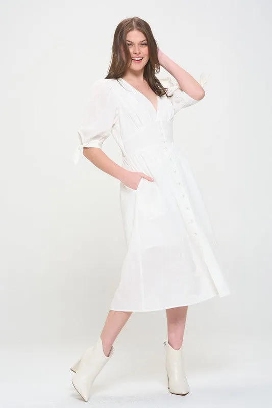 Jade By Jane PLUS 3/4 PUFF SLV TEXTURED BUTTON DOWN MIDI DRESS