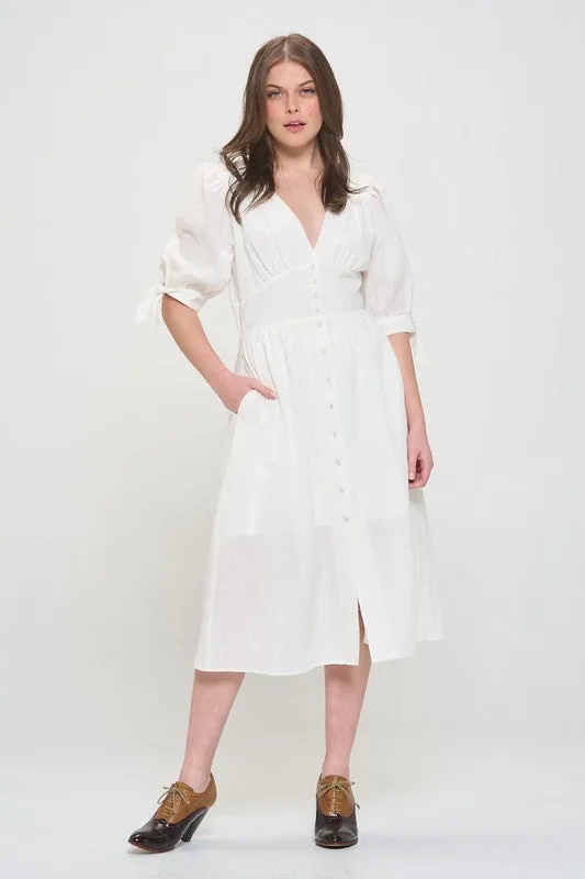 Jade By Jane PLUS 3/4 PUFF SLV TEXTURED BUTTON DOWN MIDI DRESS