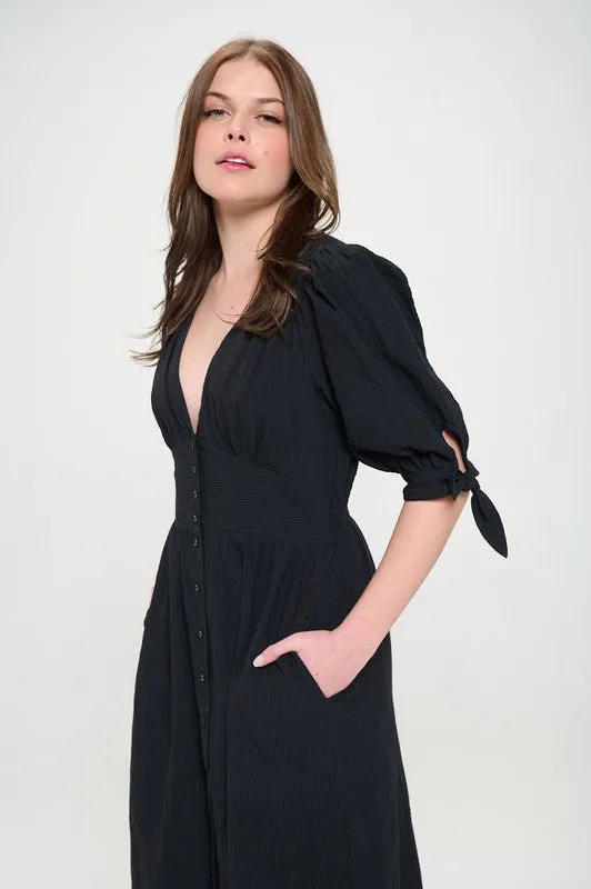 Jade By Jane PLUS 3/4 PUFF SLV TEXTURED BUTTON DOWN MIDI DRESS