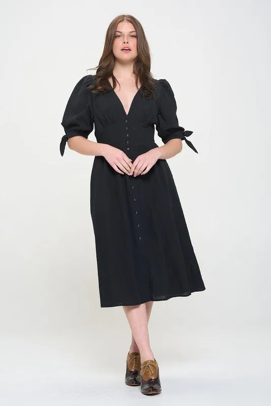 Jade By Jane PLUS 3/4 PUFF SLV TEXTURED BUTTON DOWN MIDI DRESS