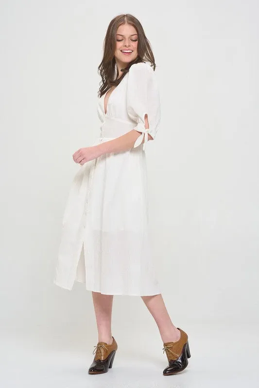 Jade By Jane PLUS 3/4 PUFF SLV TEXTURED BUTTON DOWN MIDI DRESS