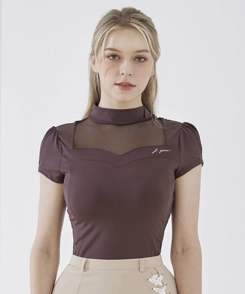 J.Jane Heart Neck See-Through Half Sleeve T-Shirt - Brown
