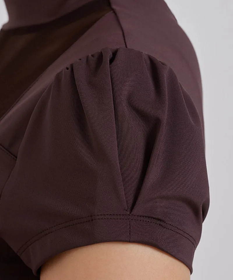 J.Jane Heart Neck See-Through Half Sleeve T-Shirt - Brown