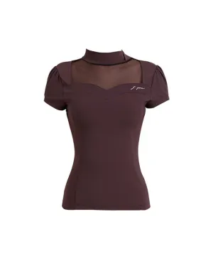 J.Jane Heart Neck See-Through Half Sleeve T-Shirt - Brown