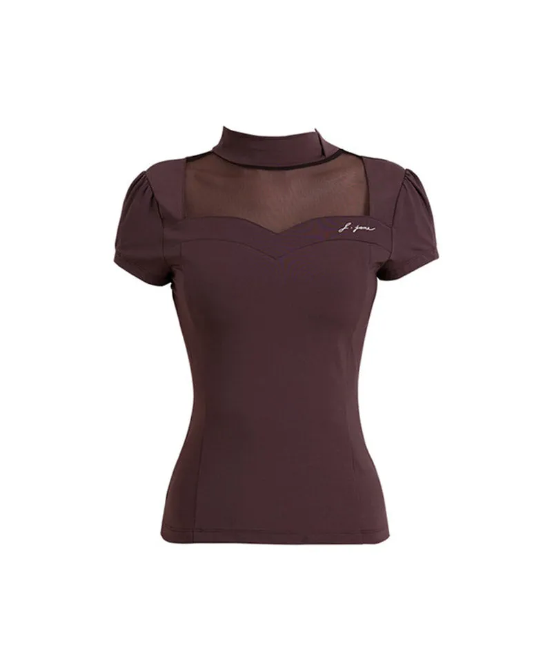 J.Jane Heart Neck See-Through Half Sleeve T-Shirt - Brown