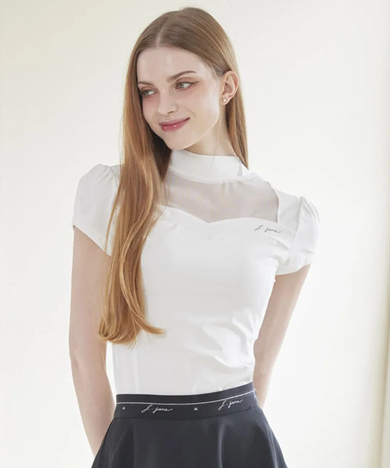 J.Jane Heart Neck See-Through Half Sleeve T-Shirt - White