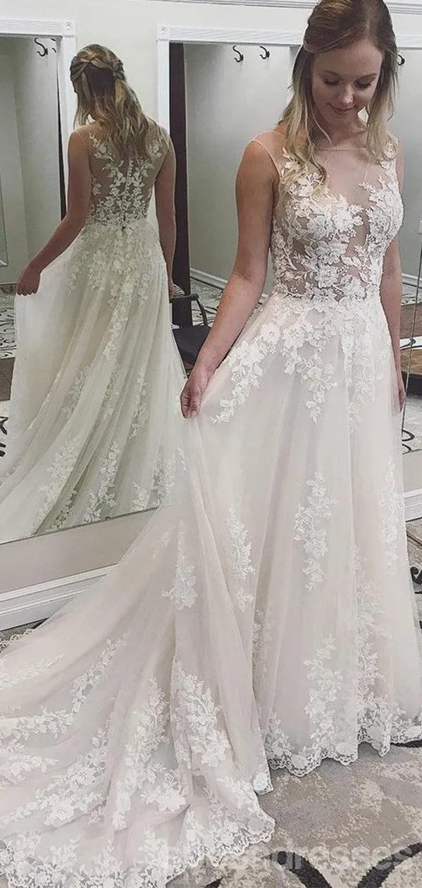 Lace See Through Cheap Wedding Dresses, Bateau A-line Bridal Dresses, WD433