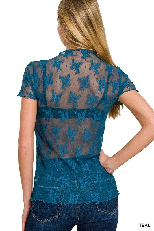 LACE SEE-THROUGH LAYERING SHORT SLEEVE TOP