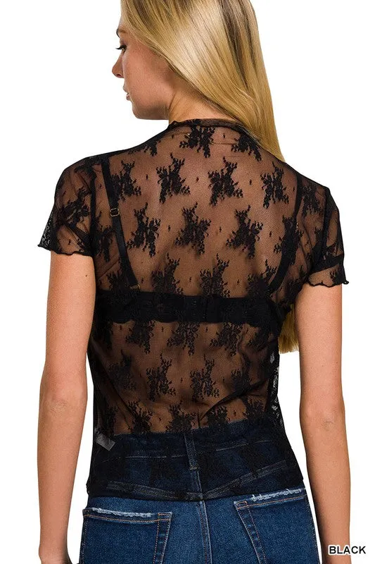 LACE SEE-THROUGH LAYERING SHORT SLEEVE TOP