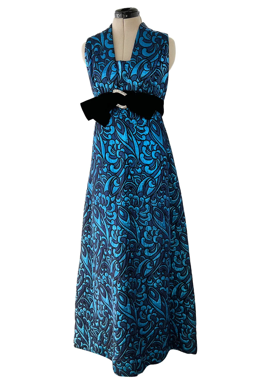 Late 1960s Lanvin by Jules-Francois Crahay Blue Metallic Silk Dress w Bow Detailing