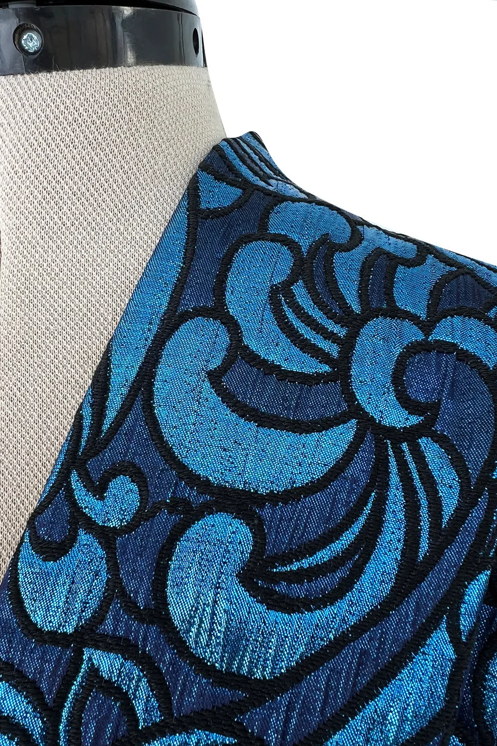 Late 1960s Lanvin by Jules-Francois Crahay Blue Metallic Silk Dress w Bow Detailing