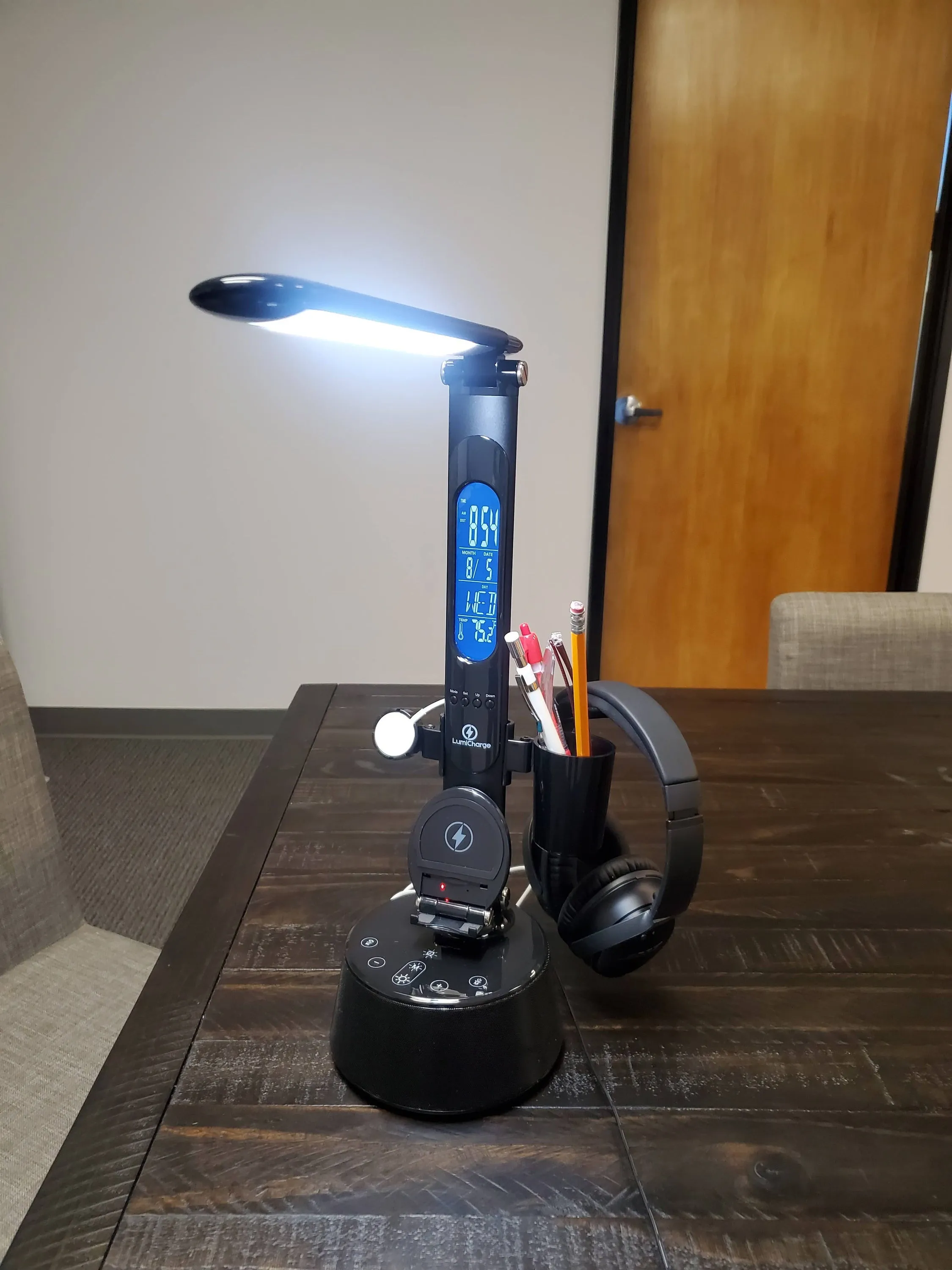 LED desk lamp with wireless charger, Bluetooth Speaker.