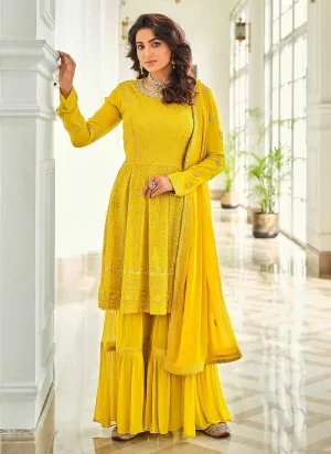 Lemon Yellow Designer Sequins Work Gharara Suit