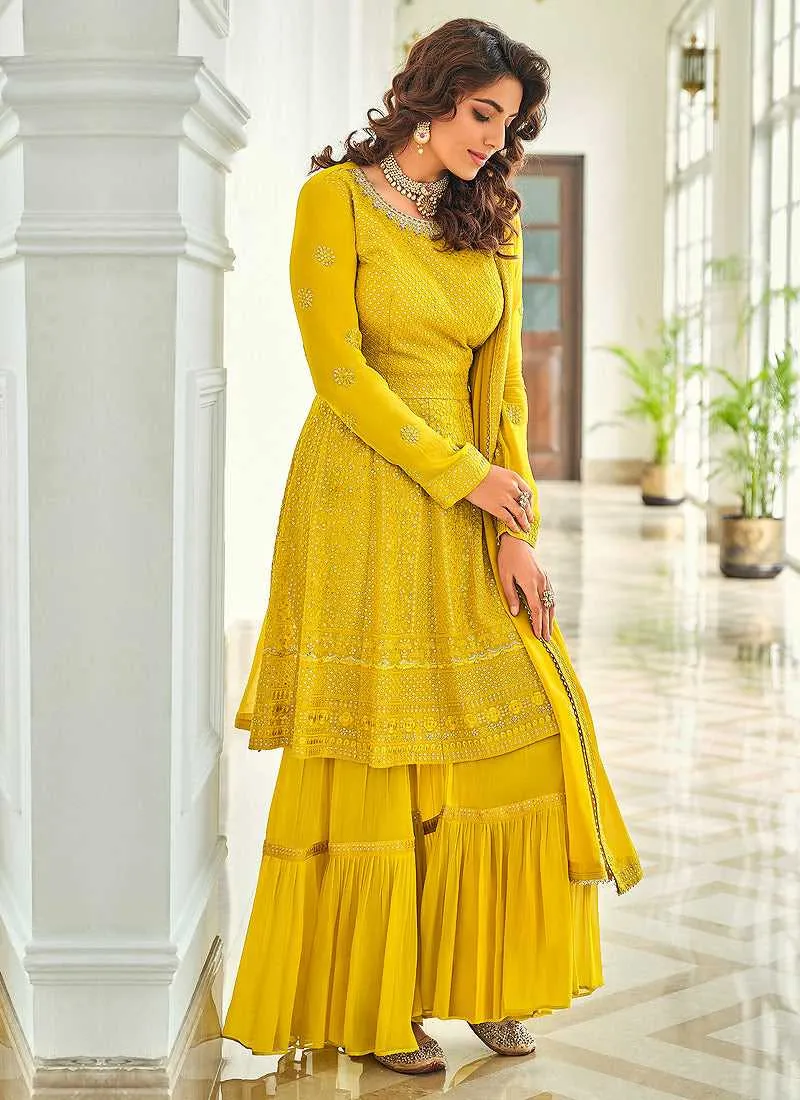 Lemon Yellow Designer Sequins Work Gharara Suit