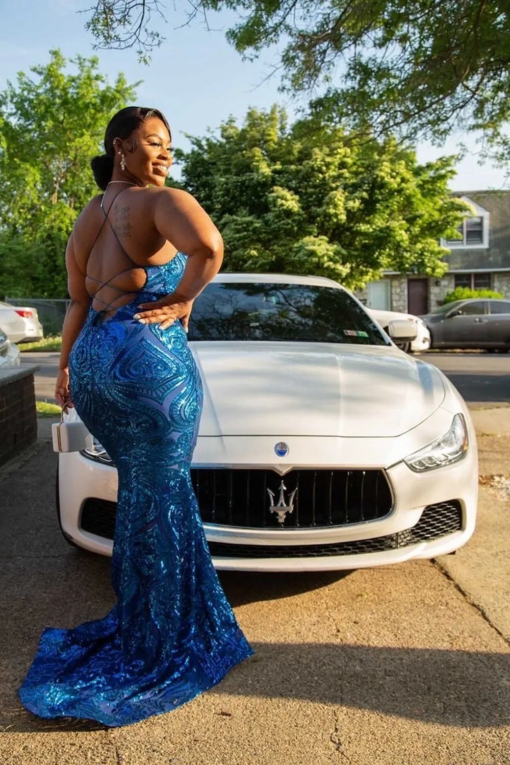 Long Elegant See Through Sparkly Sequin Royal Blue