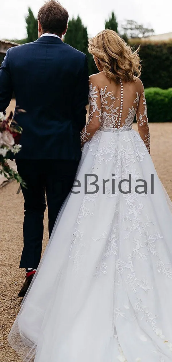 Long Sleeve Illusion lace Top Detachable Overskirt Wedding Dresses, AB1568