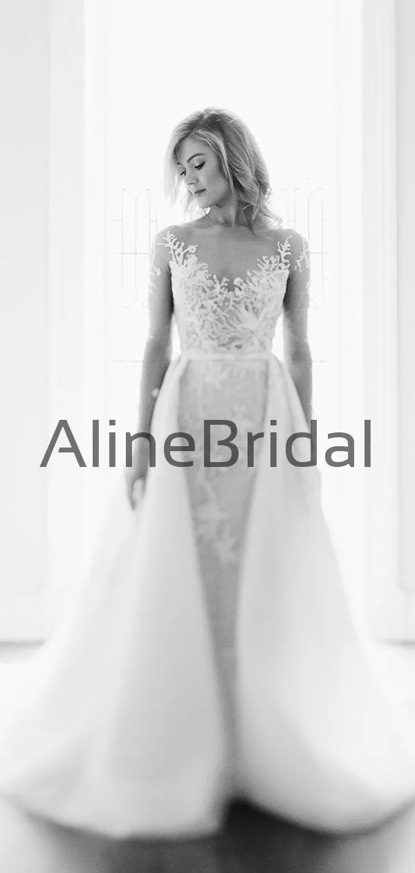 Long Sleeve Illusion lace Top Detachable Overskirt Wedding Dresses, AB1568
